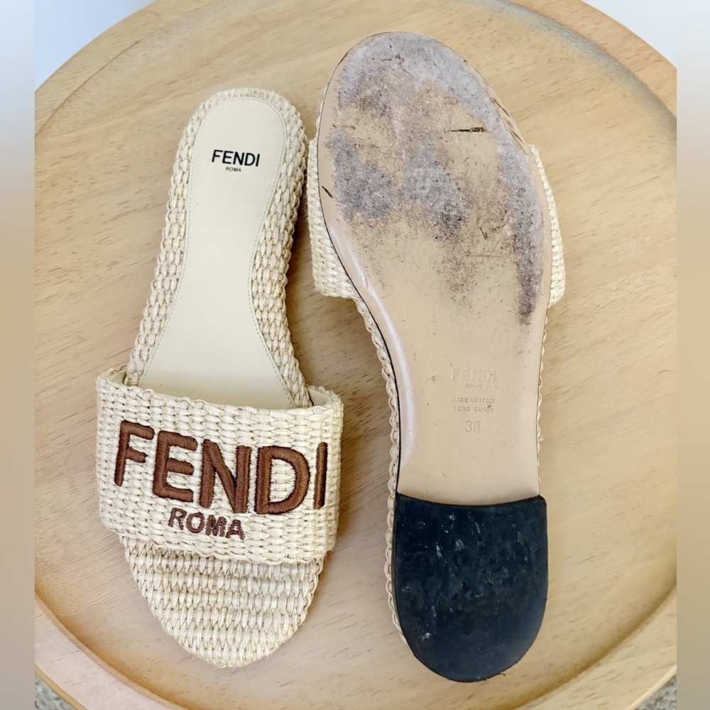 Fendi Signature Raffia Slip On Slides - Picture 6 of 6